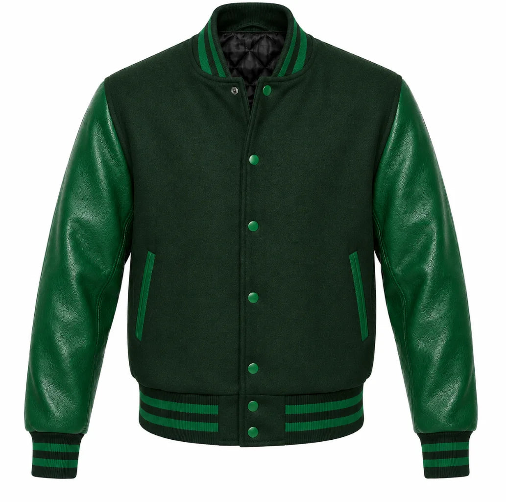 Forest green melton wool varsity jacket with brighter green leather sleeves, front view