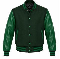 Forest green melton wool varsity jacket with brighter green leather sleeves, front view