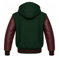 Forest Green and Maroon Letterman Jacket with Hood