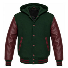 Forest Green and Maroon Letterman Jacket with Hood