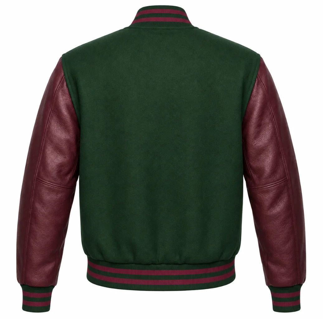 Forest green wool varsity jacket, maroon cowhide sleeves, back view