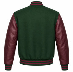 Forest green wool varsity jacket, maroon cowhide sleeves, back view
