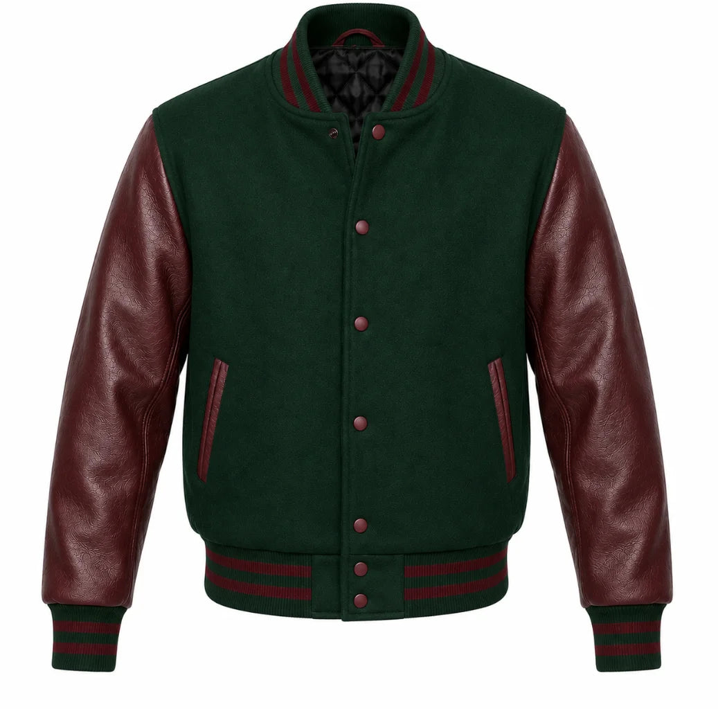 Forest green melton wool varsity jacket with maroon leather sleeves, front view