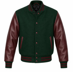 Forest green melton wool varsity jacket with maroon leather sleeves, front view