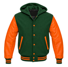 Forest Green and Orange Hooded Letterman Jacket