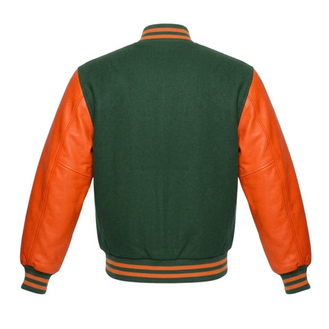 Forest Green and Orange Varsity Jacket with Wool Body and Leather Sleeves Back Side