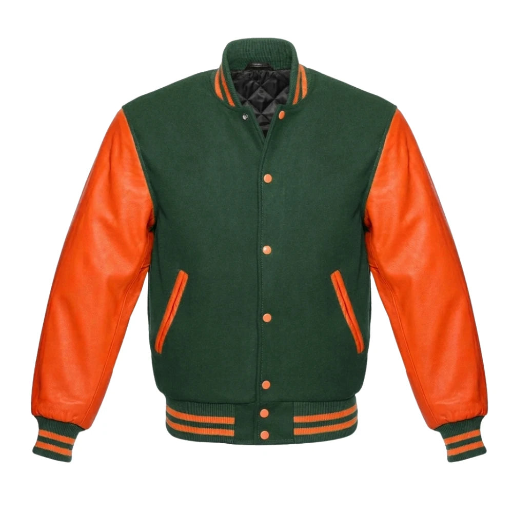 Forest Green and Orange Varsity Jacket with Wool Body and Leather Sleeves