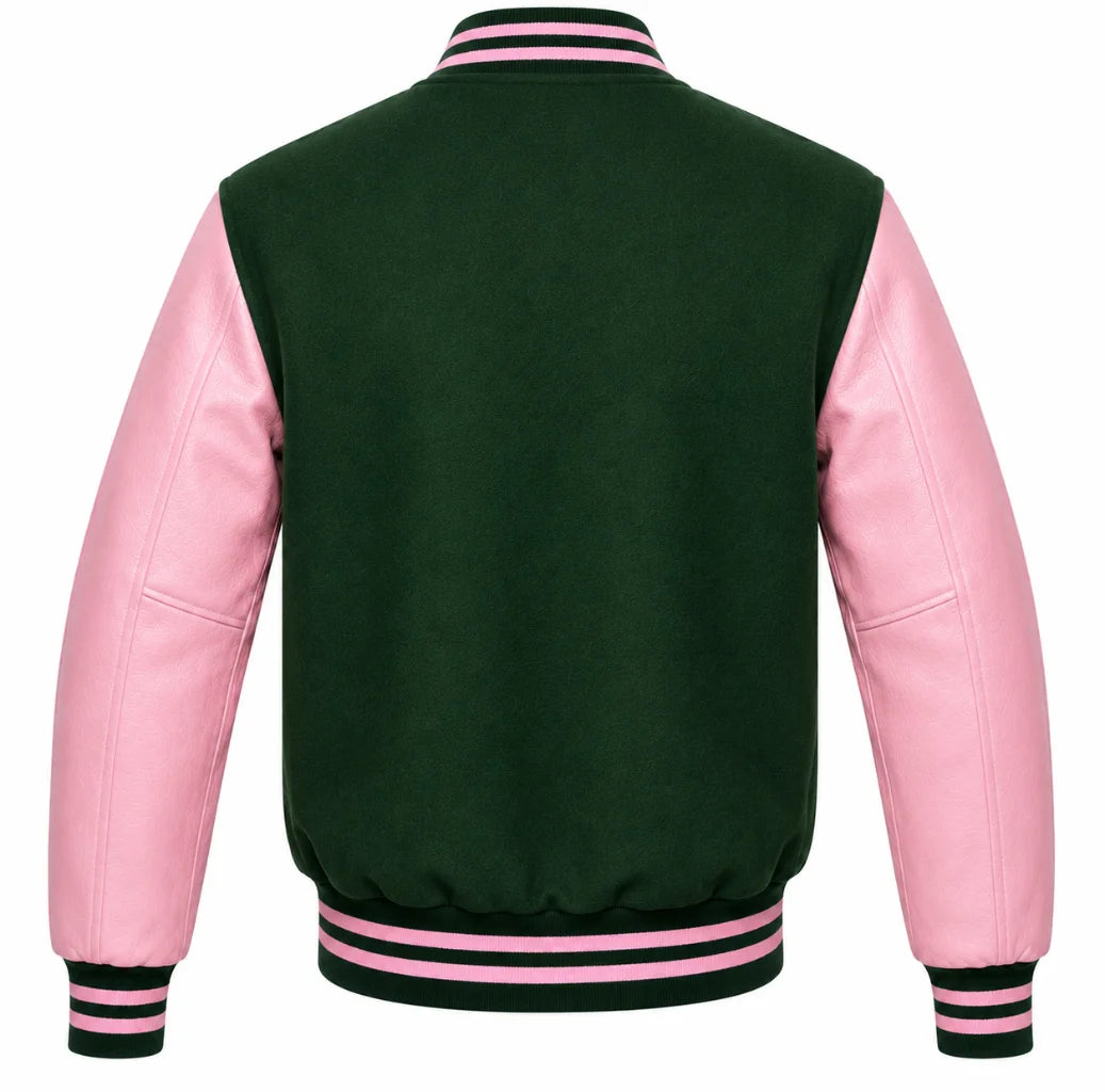 Forest green wool varsity jacket with pink cowhide leather sleeves, back view