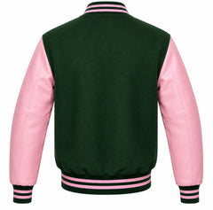 Forest green wool varsity jacket with pink cowhide leather sleeves, back view