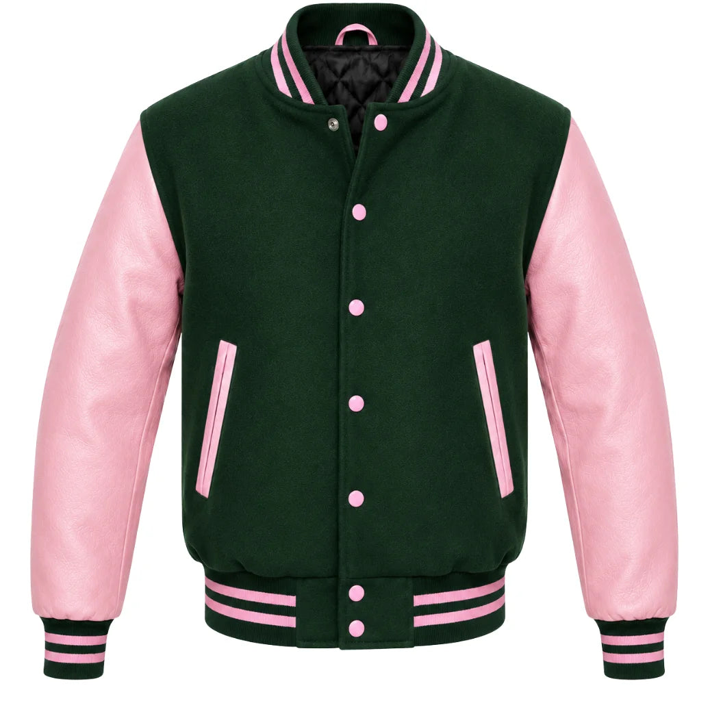 Forest green melton wool varsity jacket with pink leather sleeves, front view