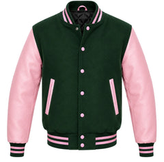 Forest green melton wool varsity jacket with pink leather sleeves, front view