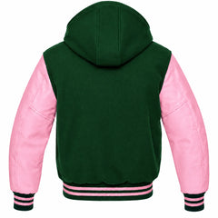 Forest Green and Pink Varsity Jacket with Hood