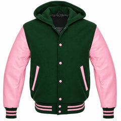 Forest Green and Pink Varsity Jacket with Hood