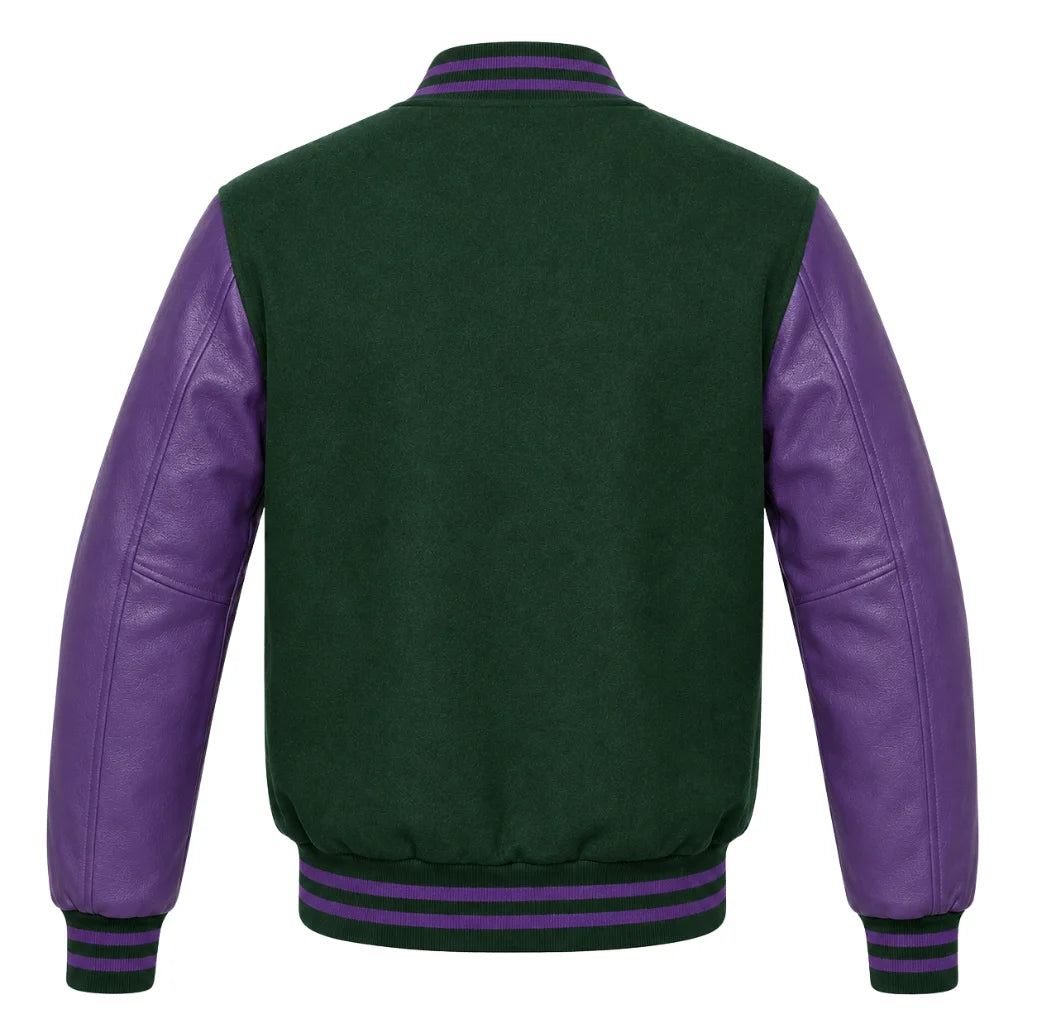Forest green wool varsity jacket with purple leather sleeves, back view