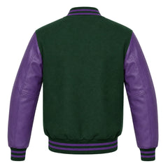 Forest green wool varsity jacket with purple leather sleeves, back view