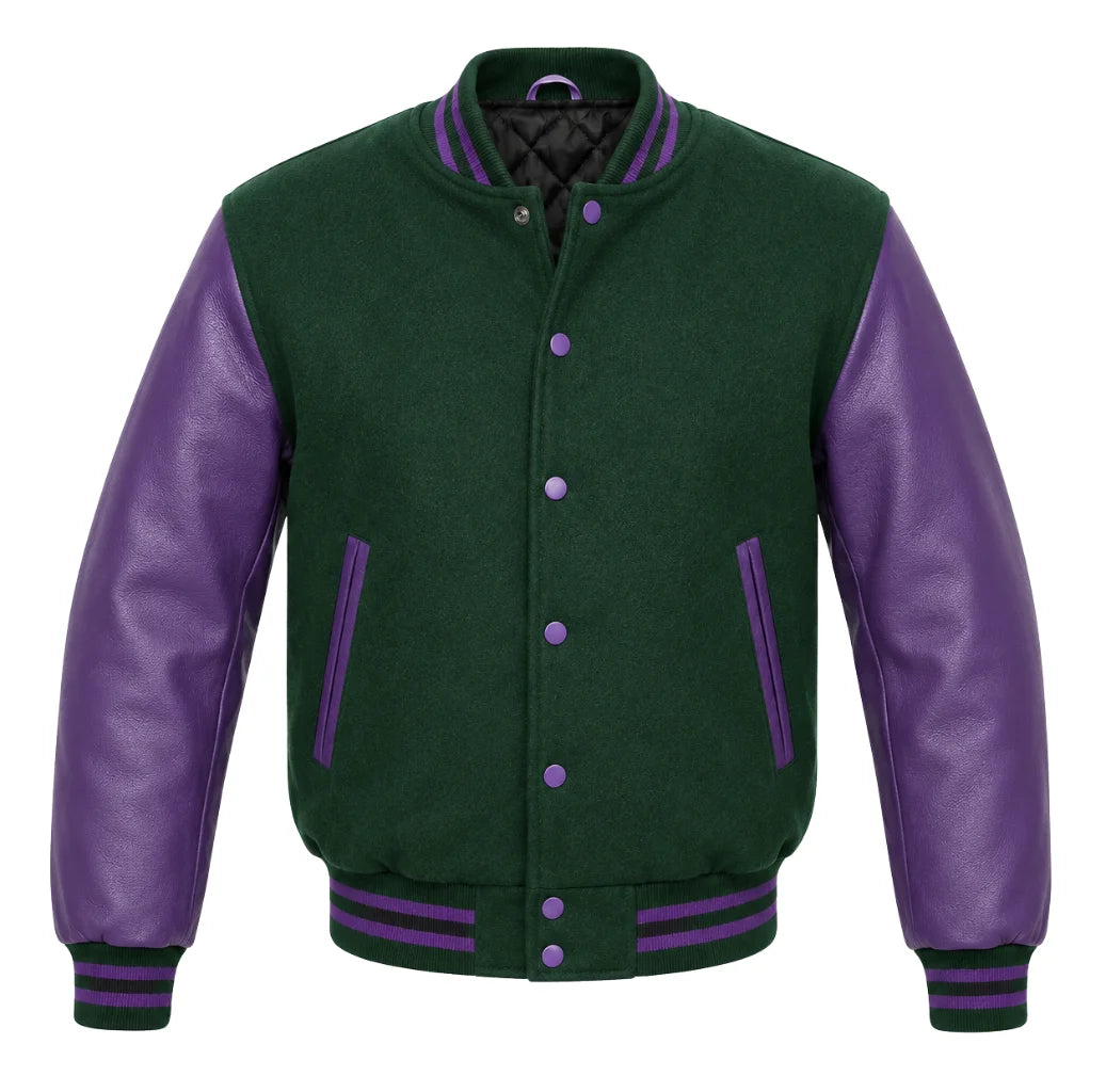 Forest green melton wool varsity jacket with purple cowhide sleeves, front view