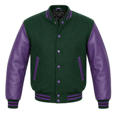 Forest green melton wool varsity jacket with purple cowhide sleeves, front view