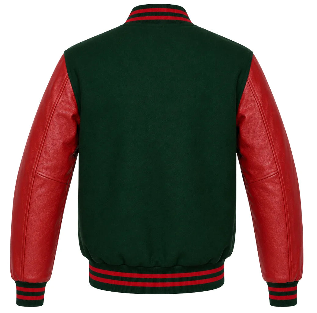 Forest green wool letterman jacket with red cowhide sleeves, back view