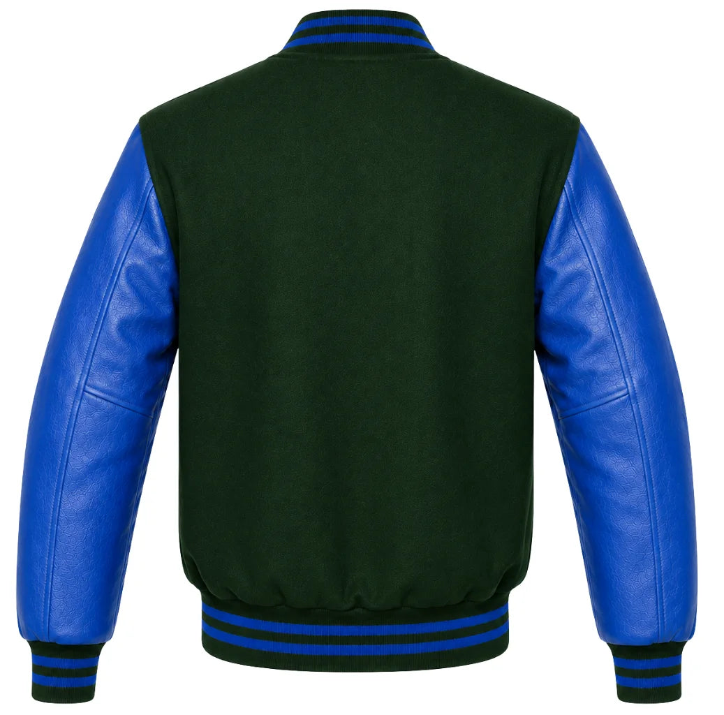 Forest green wool letterman jacket, royal blue cowhide sleeves, back view