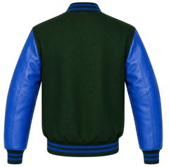 Forest green wool letterman jacket, royal blue cowhide sleeves, back view