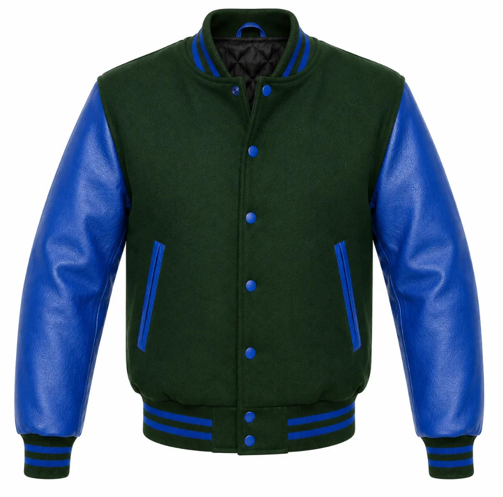 Forest green melton wool letterman jacket with royal blue leather sleeves, front view