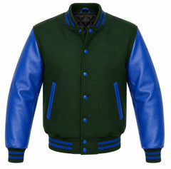 Forest green melton wool letterman jacket with royal blue leather sleeves, front view
