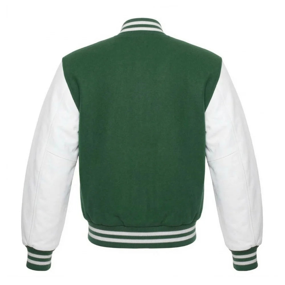 Forest Green and White Varsity Jacket with Wool Body and Leather Sleeves Back Side