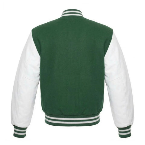 Forest Green and White Varsity Jacket with Wool Body and Leather Sleeves Back Side