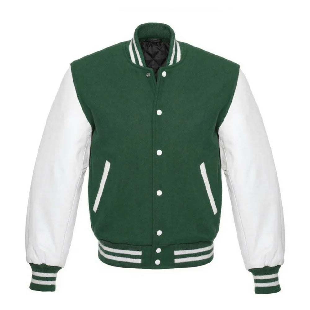 Forest Green and White Varsity Jacket with Wool Body and Leather Sleeves