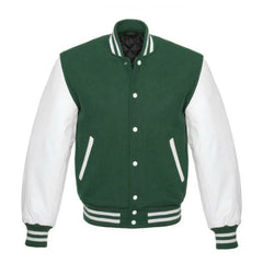 Forest Green and White Varsity Jacket with Wool Body and Leather Sleeves