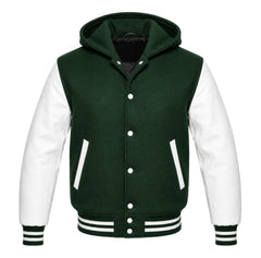 Forest Green and White Varsity Jacket with Hood
