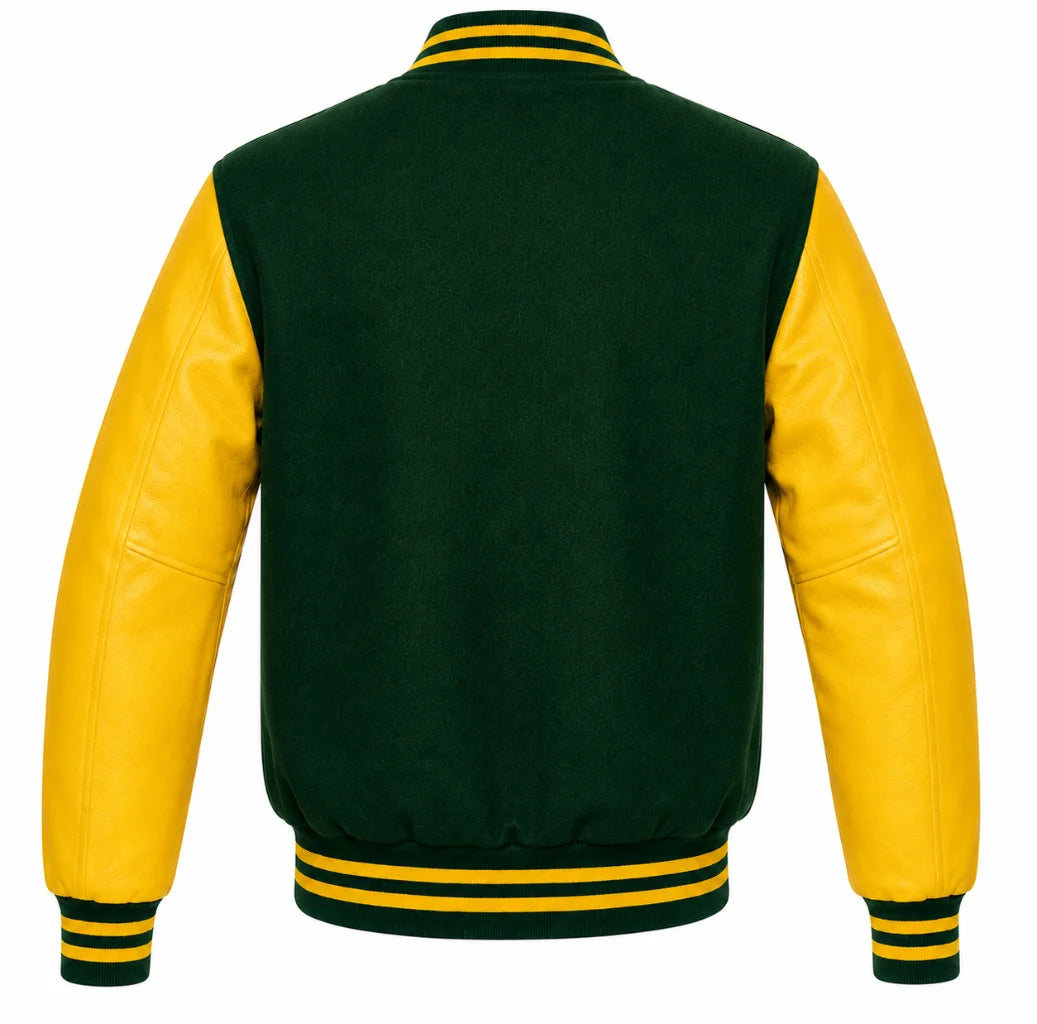 Forest green wool letterman jacket with yellow leather sleeves, back view