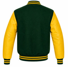 Forest green wool letterman jacket with yellow leather sleeves, back view