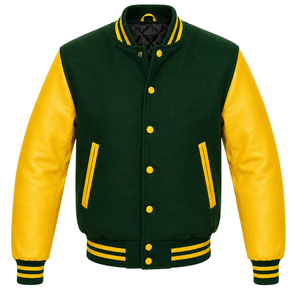 Forest green melton wool letterman jacket with yellow cowhide sleeves, front view