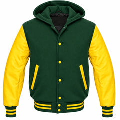 Forest Green and Yellow Varsity Jacket with Hood