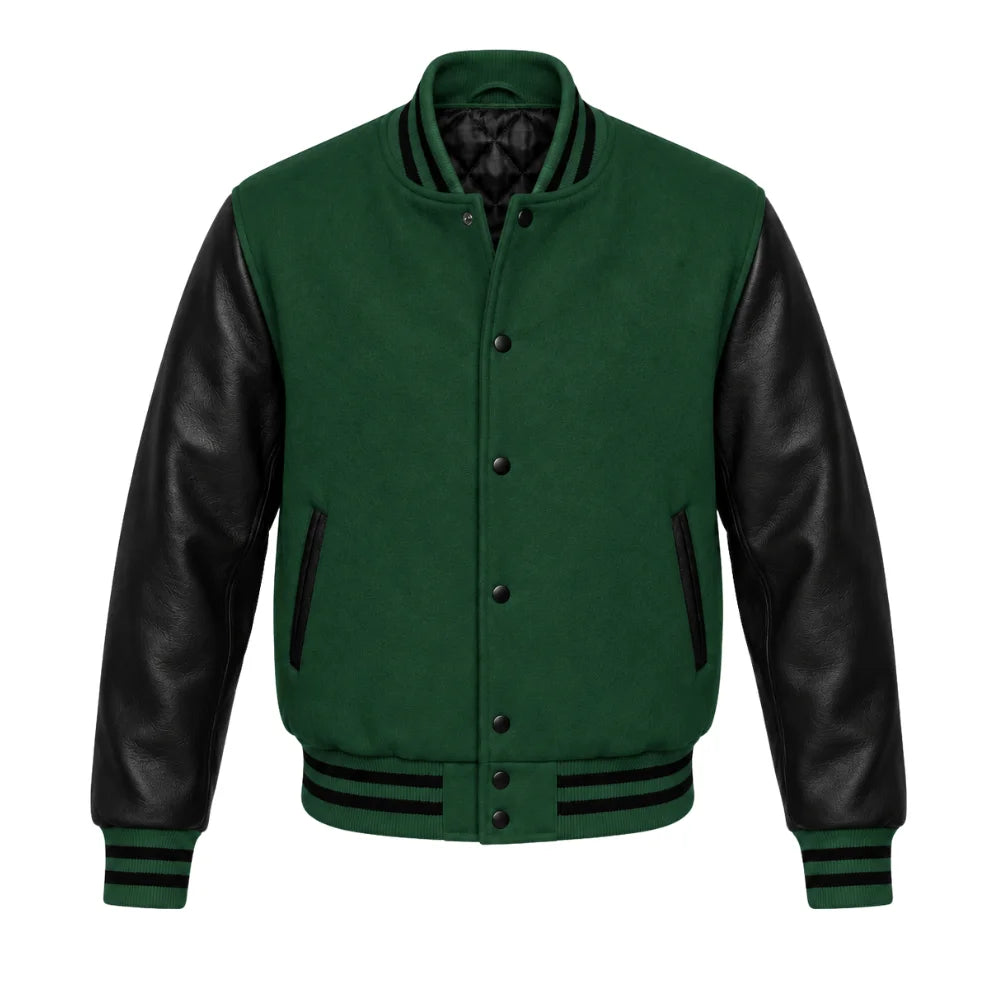 Forest Green and Black Varsity Jacket with Wool Body and Leather Sleeves