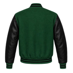 Forest Green and Black Varsity Jacket with Wool Body and Leather Sleeves Back View