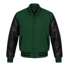Forest Green and Black Varsity Jacket with Wool Body and Leather Sleeves
