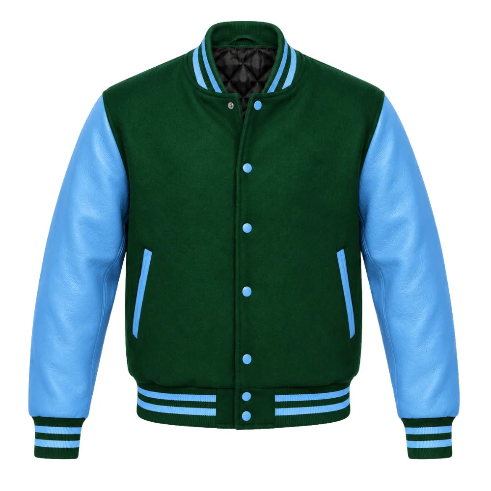 Forest Green and Sky Blue Varsity Jacket with Wool Body and Leather Sleeves