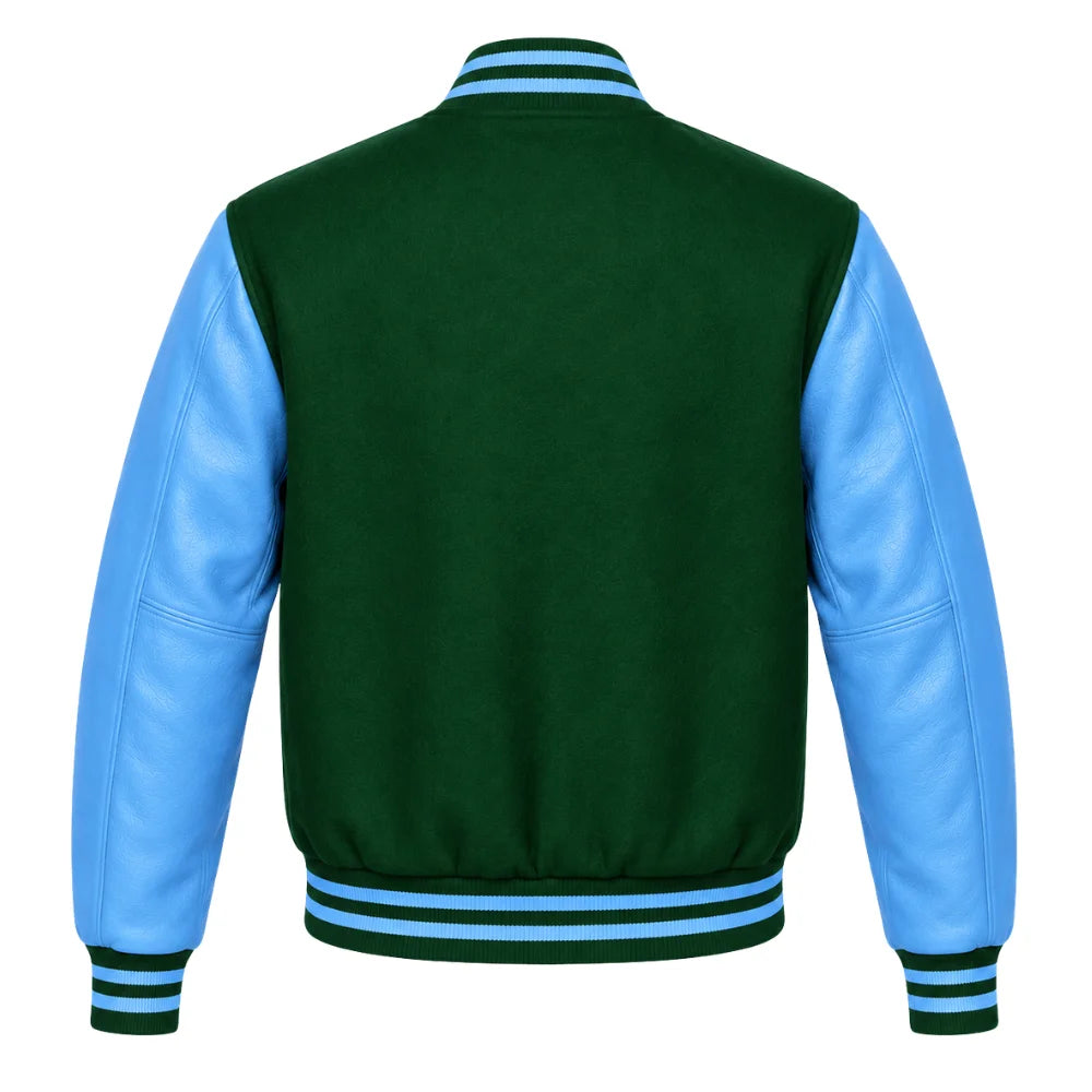 Forest Green and Sky Blue Varsity Jacket with Wool Body and Leather Sleeves Back Side
