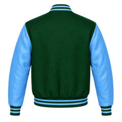 Forest Green and Sky Blue Varsity Jacket with Wool Body and Leather Sleeves Back Side