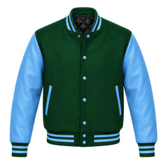 Forest Green and Sky Blue Varsity Jacket with Wool Body and Leather Sleeves
