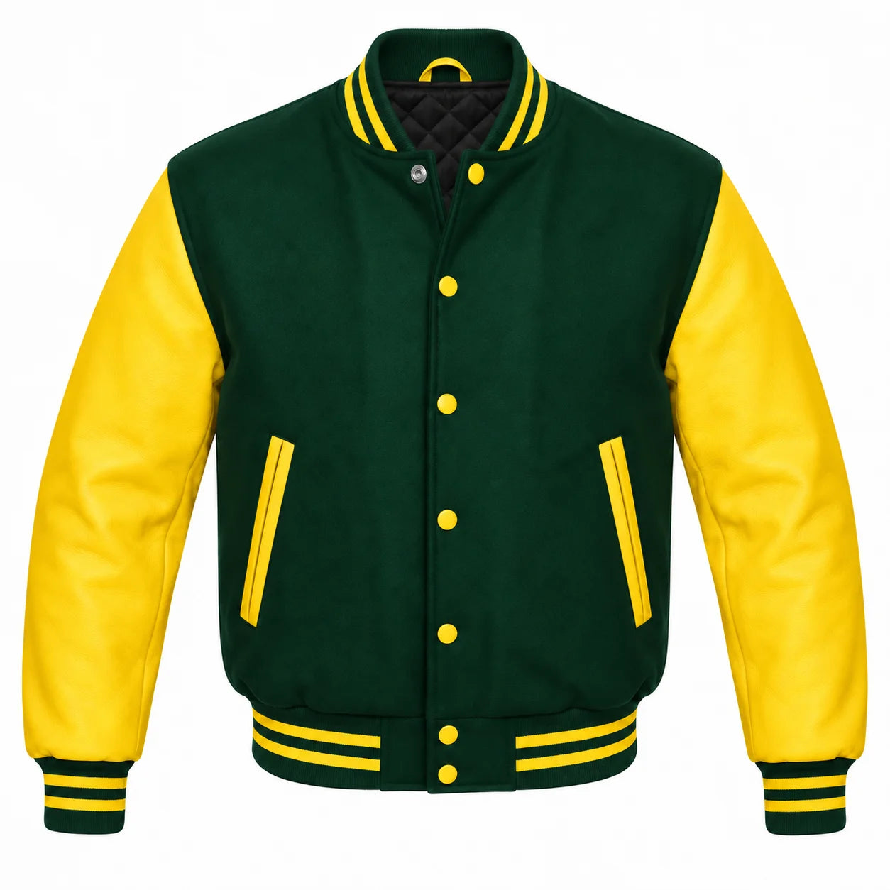 Forest Green and Yellow Varsity Jacket with Wool Body and Leather Sleeves
