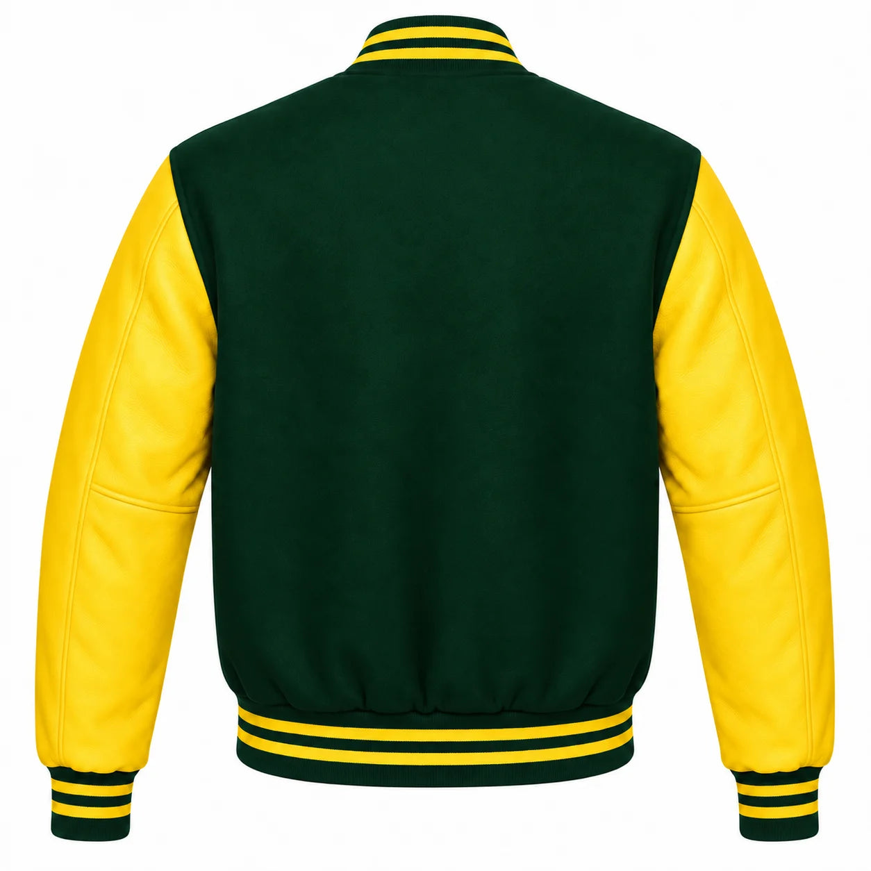 Forest Green and Yellow Varsity Jacket with Wool Body and Leather Sleeves Back View