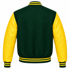 Forest Green and Yellow Varsity Jacket with Wool Body and Leather Sleeves Back View