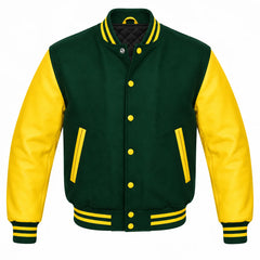 Forest Green and Yellow Varsity Jacket with Wool Body and Leather Sleeves