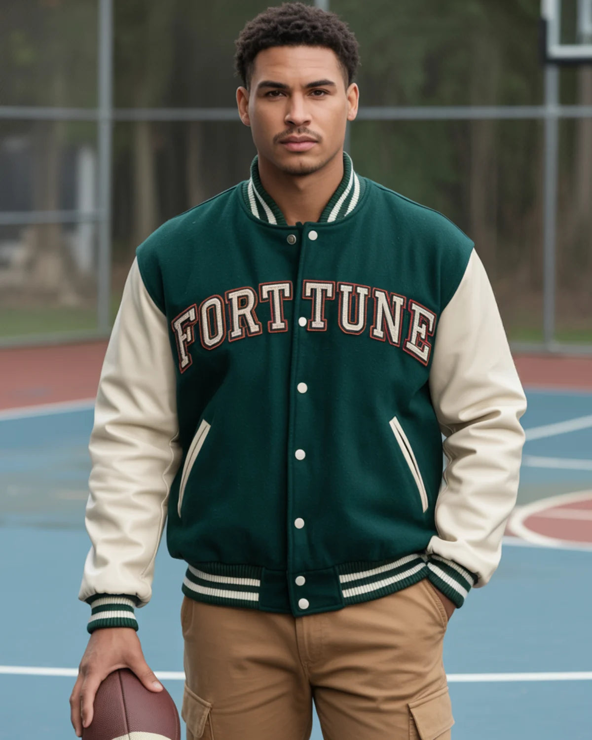 Man wearing a green and cream letterman jacket with 'FORTUNE' on it, standing on a basketball court.