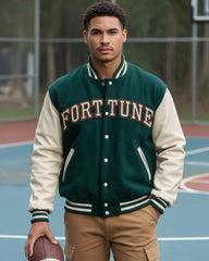 Man wearing a green and cream letterman jacket with 'FORTUNE' on it, standing on a basketball court.