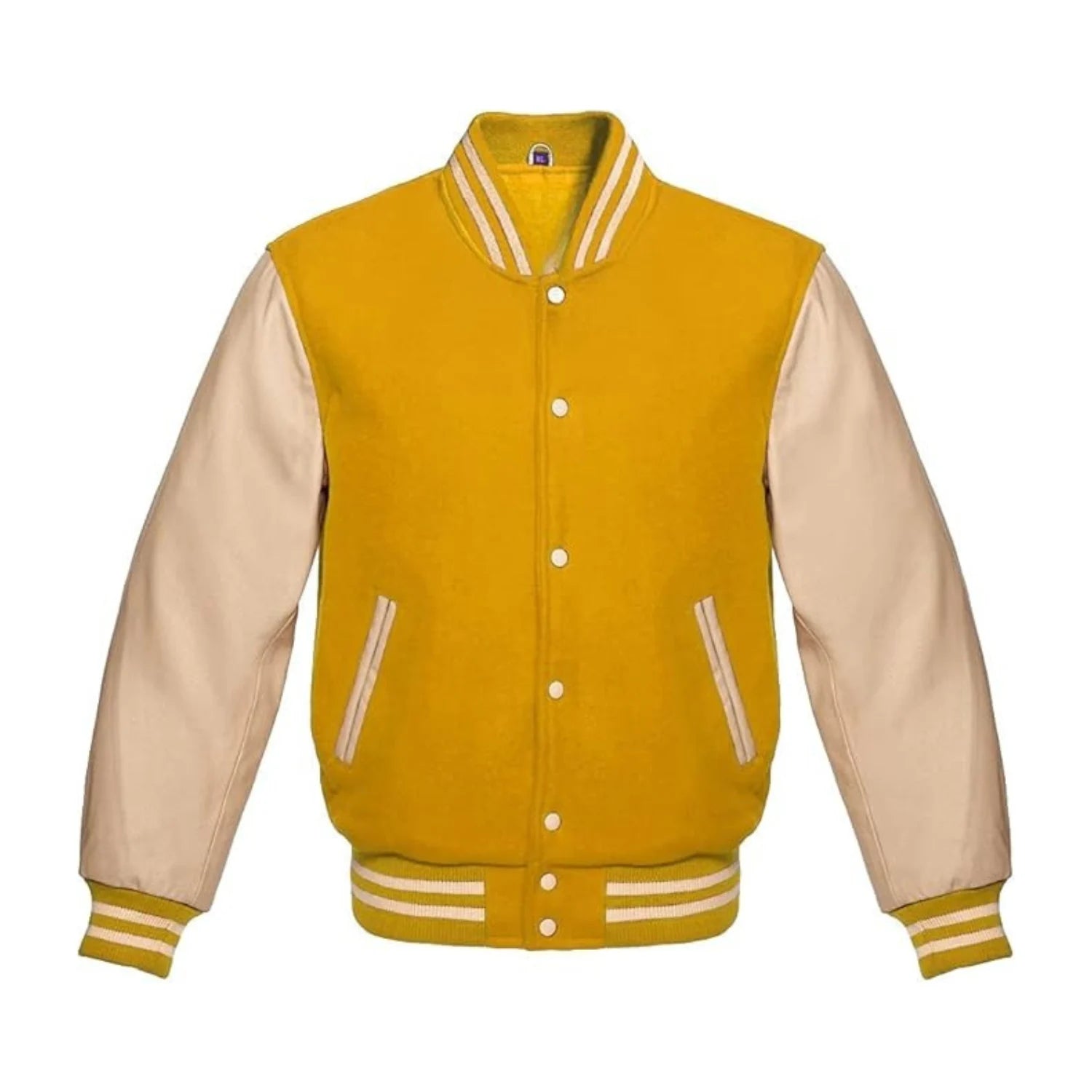 Gold Wool and Cream Leather Varsity Jacket