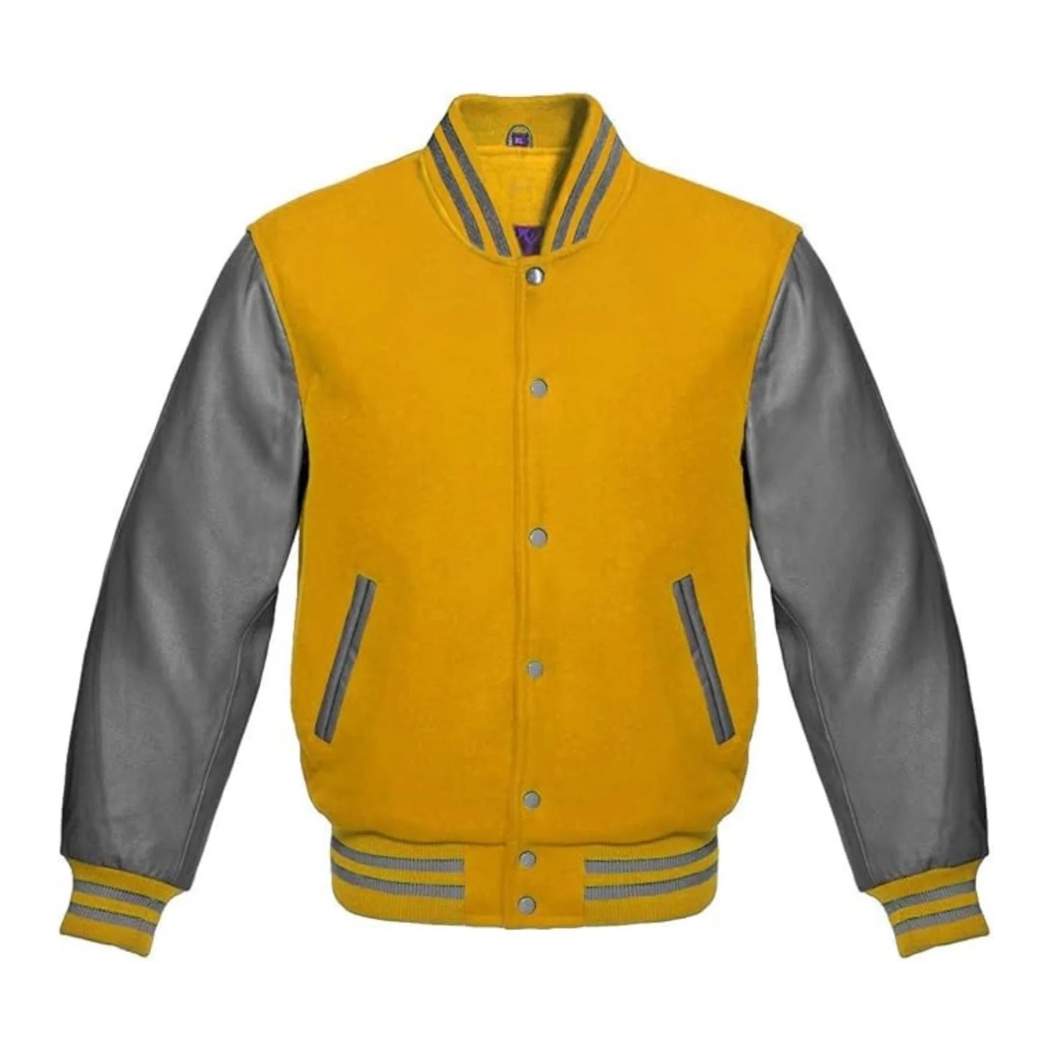 Gold Wool and Grey Leather Varsity Jacket